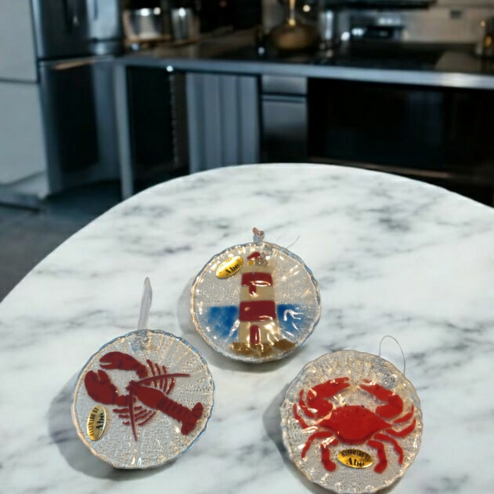 Nautical Themed Glass Ornaments Hand painted Set Of Three